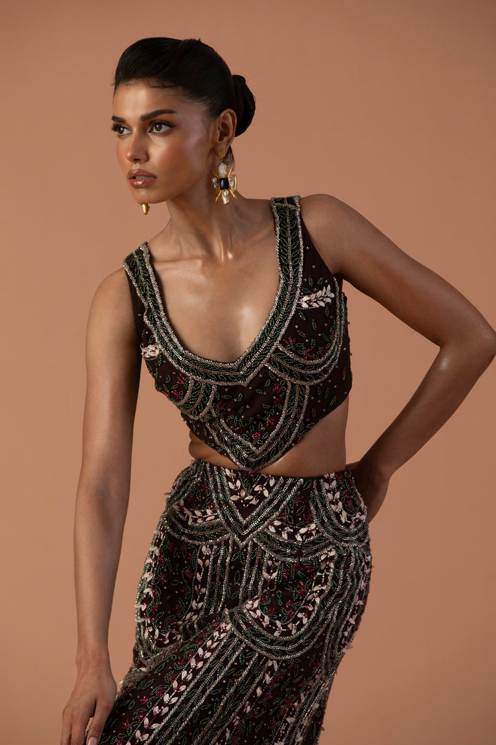 Brown Cut Out Gown With 3D Petals And Beadwork