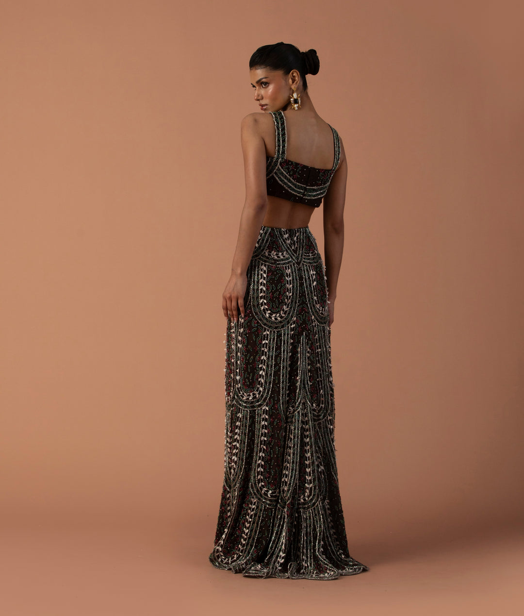 Brown Cut Out Gown With 3D Petals And Beadwork
