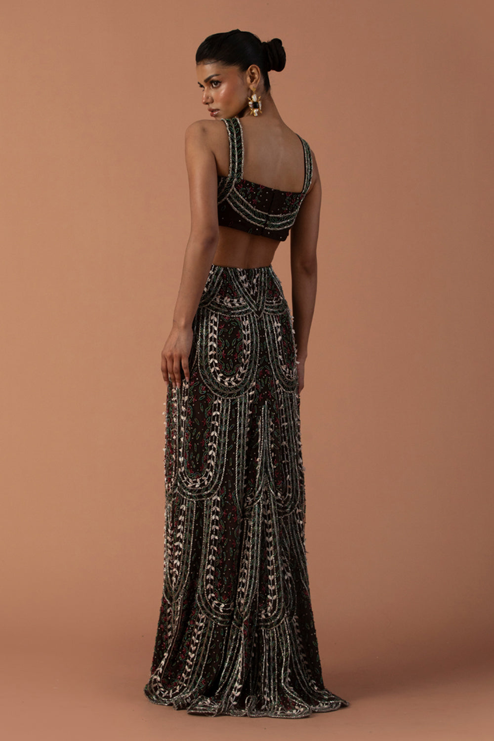 Brown Cut Out Gown With 3D Petals And Beadwork