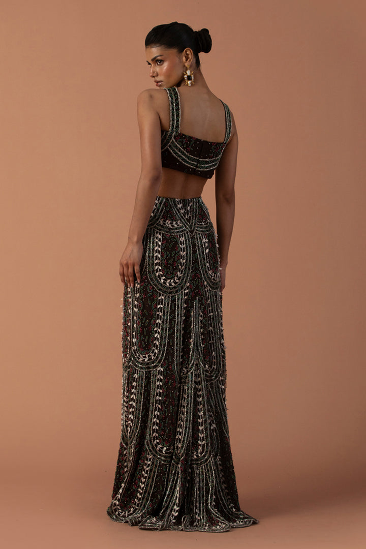 Brown Cut Out Gown With 3D Petals And Beadwork