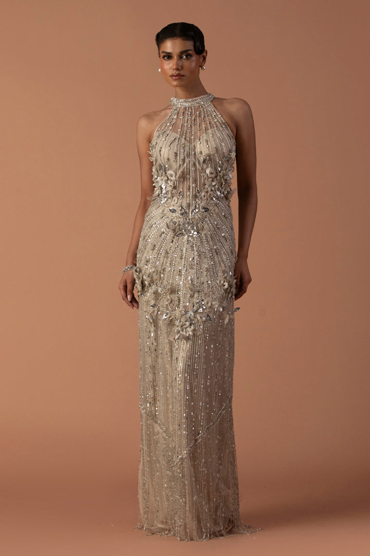 Champagne Cocktail Gown With Floating 3D Flowers