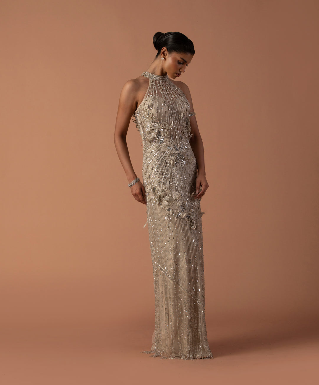 Champagne Cocktail Gown With Floating 3D Flowers