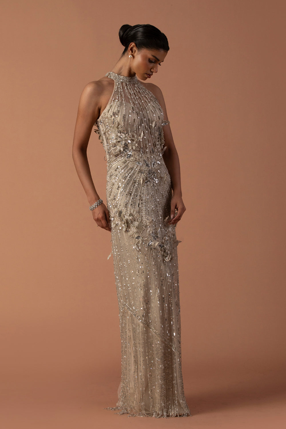 Champagne Cocktail Gown With Floating 3D Flowers