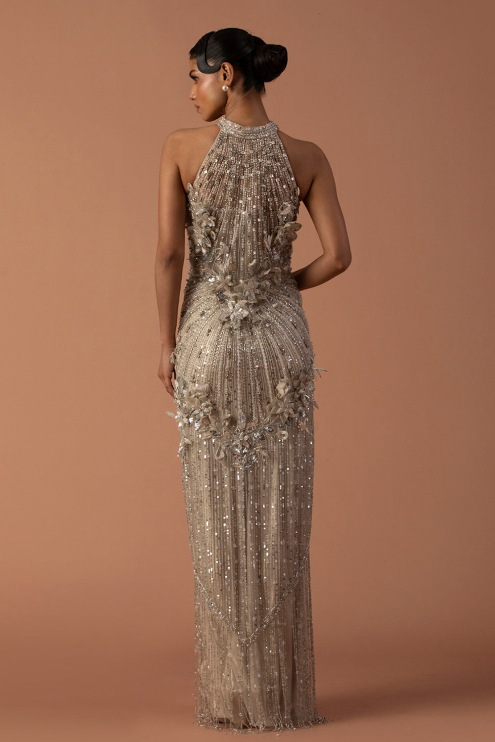 Champagne Cocktail Gown With Floating 3D Flowers