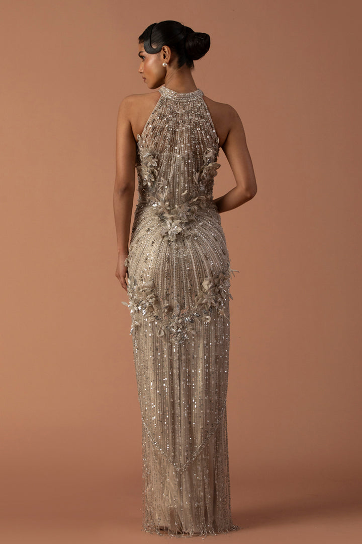 Champagne Cocktail Gown With Floating 3D Flowers
