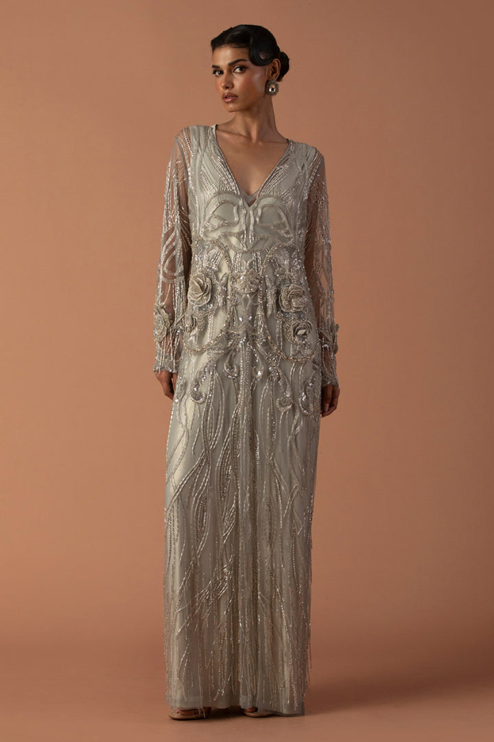Powder Blue Kaftan With Floating 3D Flowers
