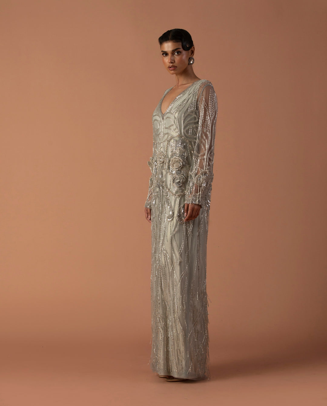 Powder Blue Kaftan With Floating 3D Flowers