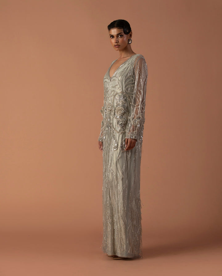 Powder Blue Kaftan With Floating 3D Flowers