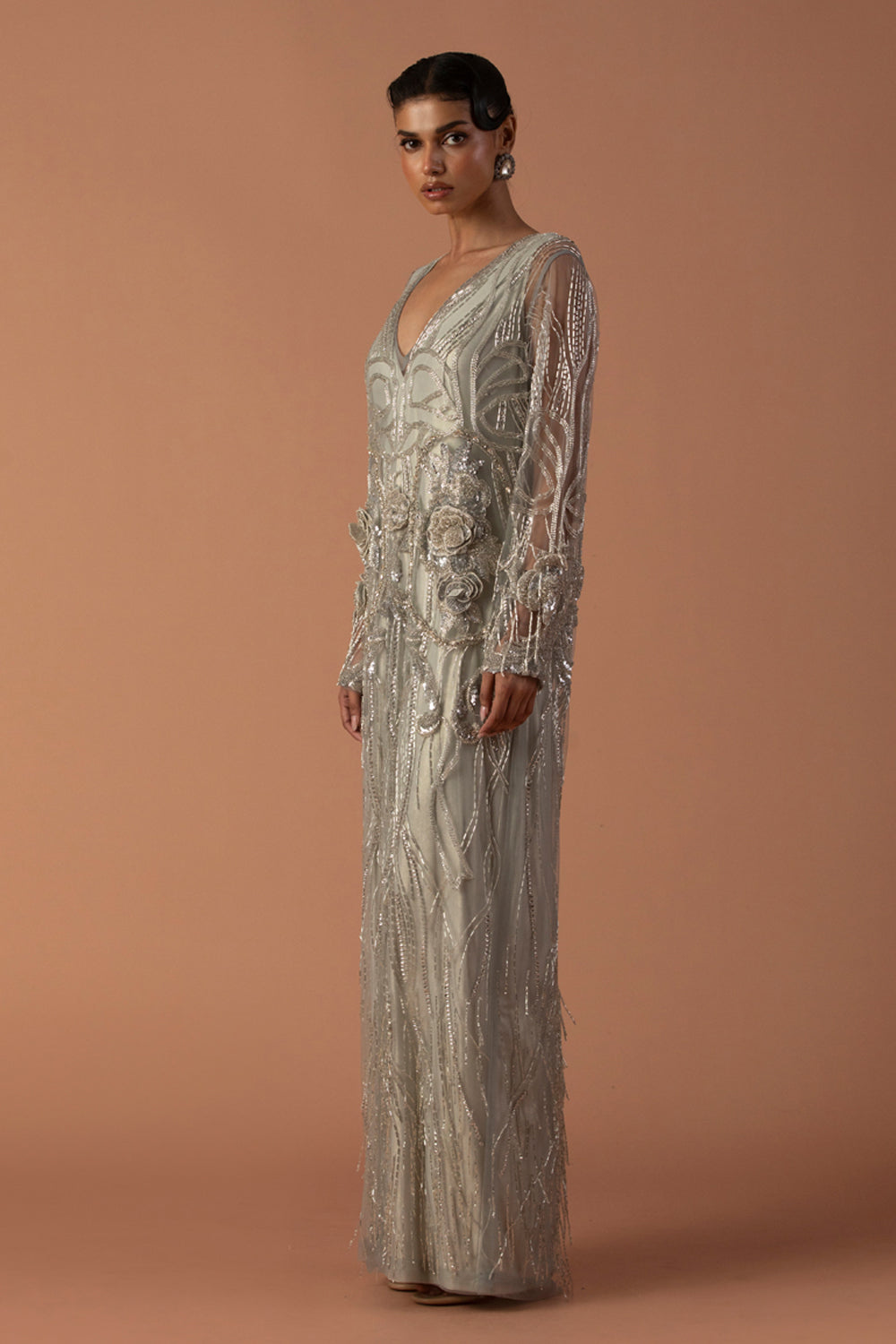 Powder Blue Kaftan With Floating 3D Flowers