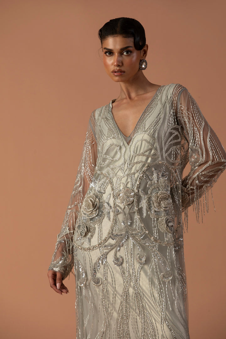 Powder Blue Kaftan With Floating 3D Flowers