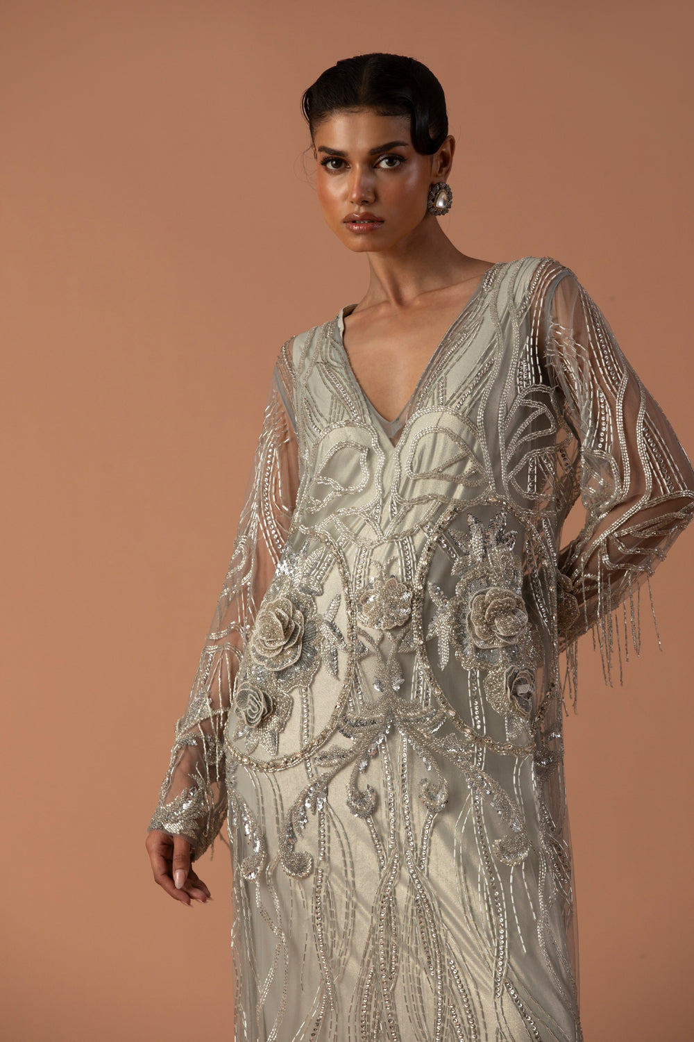 Powder Blue Kaftan With Floating 3D Flowers