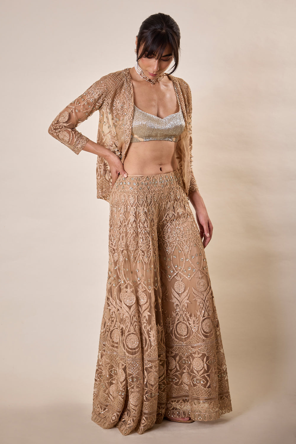 Nude Threadwork Sharara Set