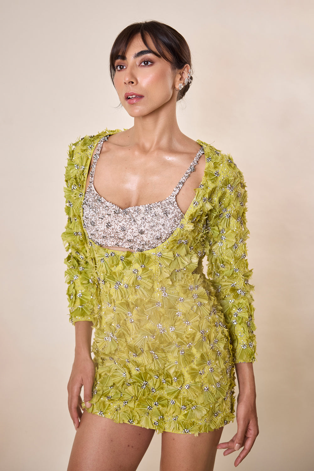 Lime Green Feather Embellished Dress With Bralet