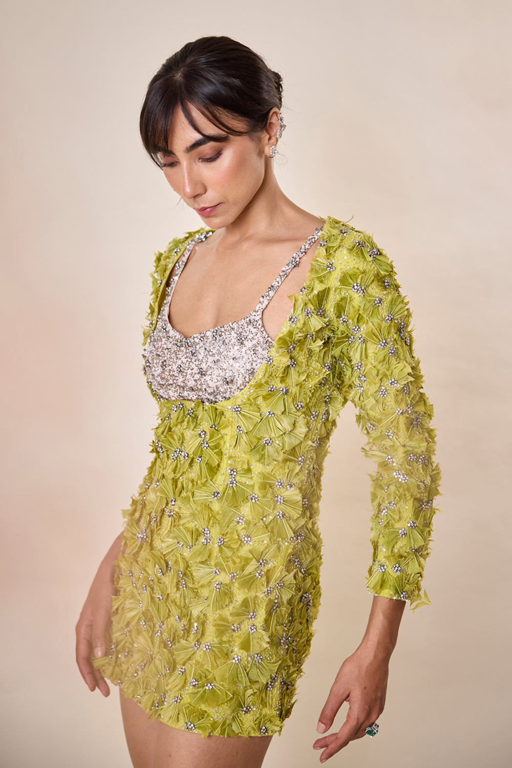 Lime Green Feather Embellished Dress With Bralet