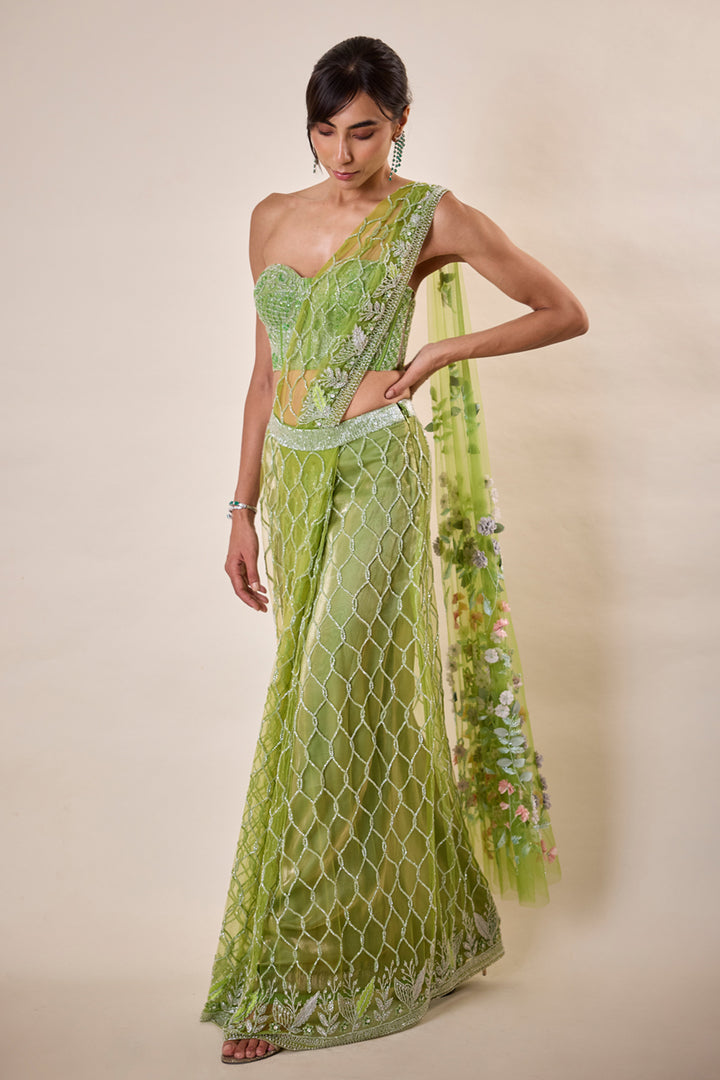Parrot Green Moroccan Sari With 3D Flower Detail