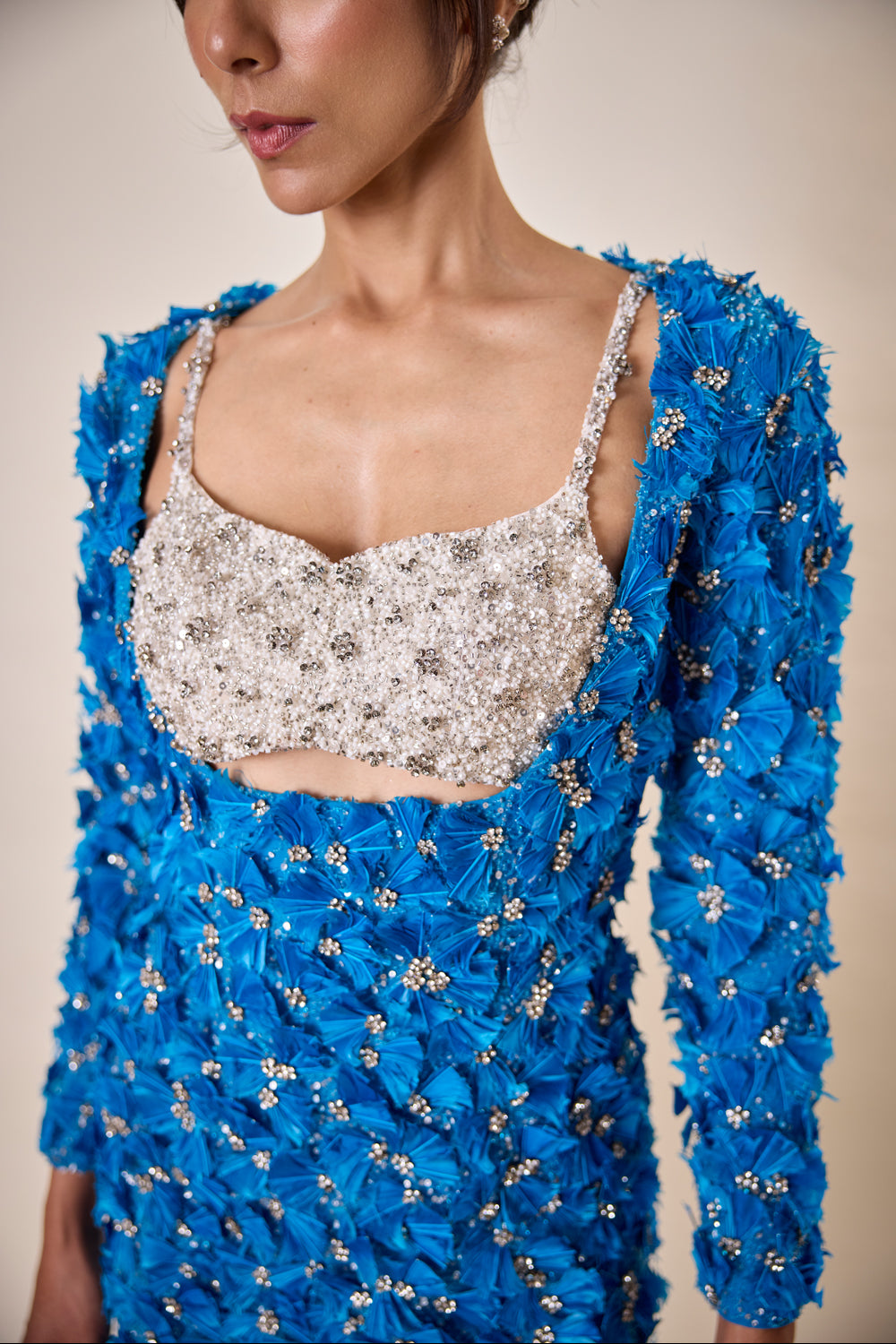 Ocean Blue Feather Embellished Dress With Bralet