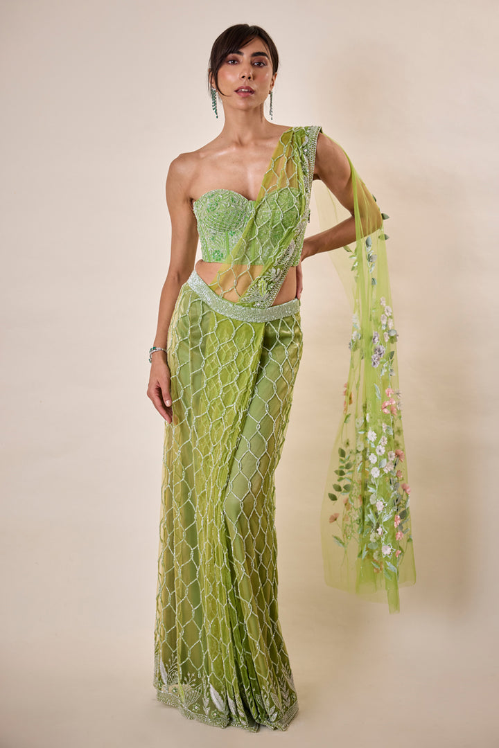 Parrot Green Moroccan Sari With 3D Flower Detail