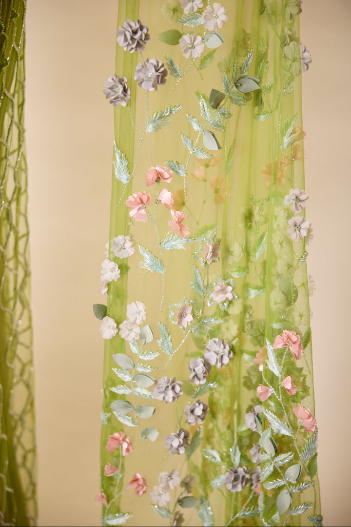 Parrot Green Moroccan Sari With 3D Flower Detail