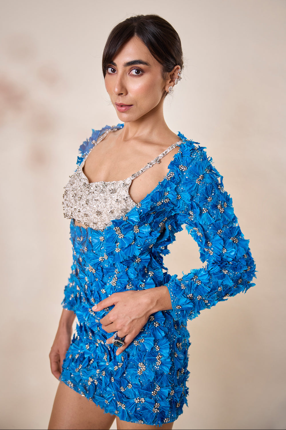 Ocean Blue Feather Embellished Dress With Bralet