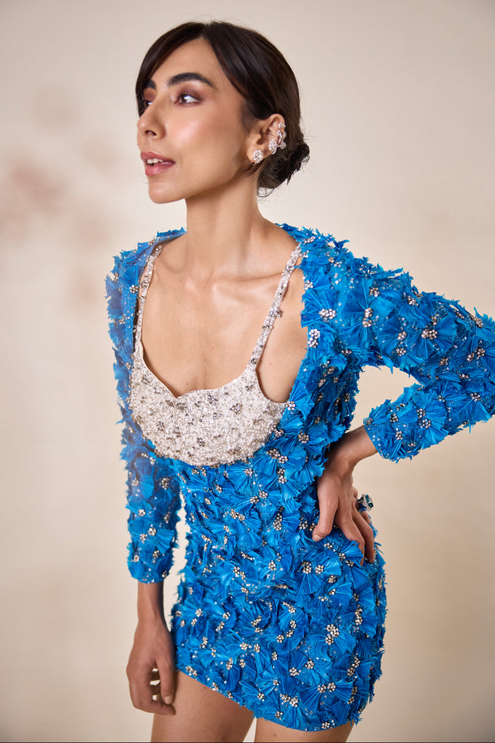 Ocean Blue Feather Embellished Dress With Bralet