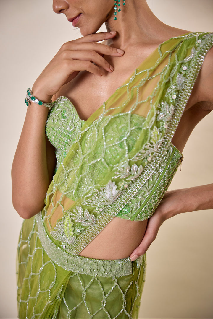 Parrot Green Moroccan Sari With 3D Flower Detail