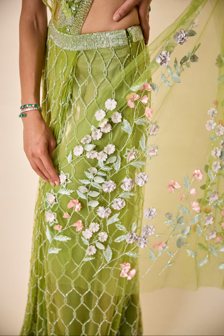 Parrot Green Moroccan Sari With 3D Flower Detail