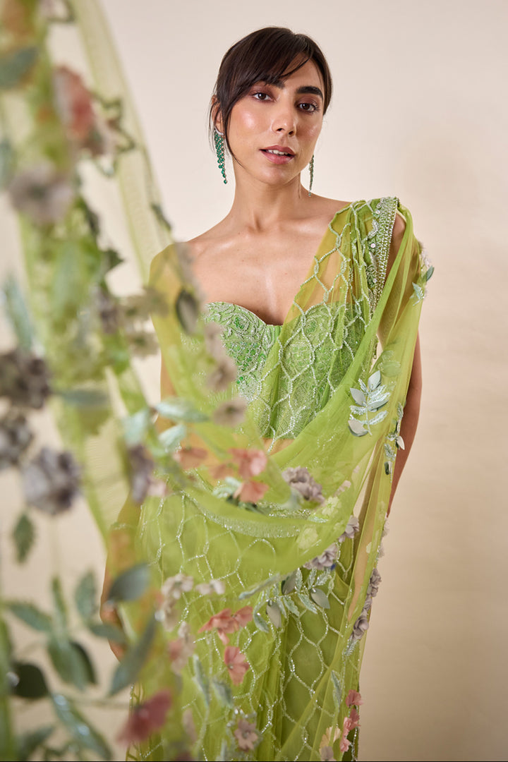 Parrot Green Moroccan Sari With 3D Flower Detail