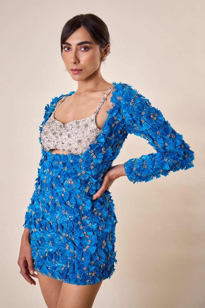 Ocean Blue Feather Embellished Dress With Bralet