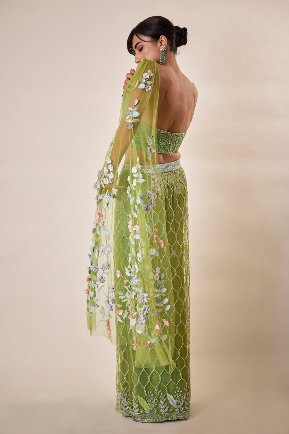 Parrot Green Moroccan Sari With 3D Flower Detail
