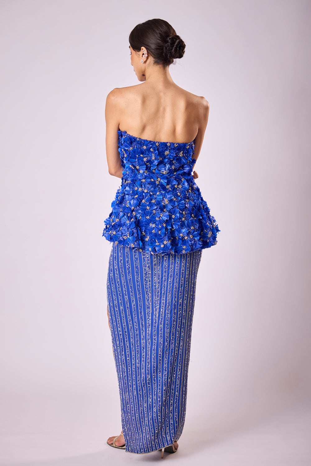 Electric Blue Feather Embellished Peplum And Skirt Set