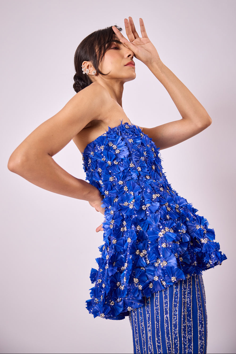 Electric Blue Feather Embellished Peplum And Skirt Set