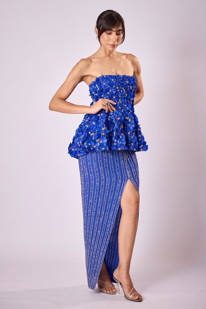 Electric Blue Feather Embellished Peplum And Skirt Set