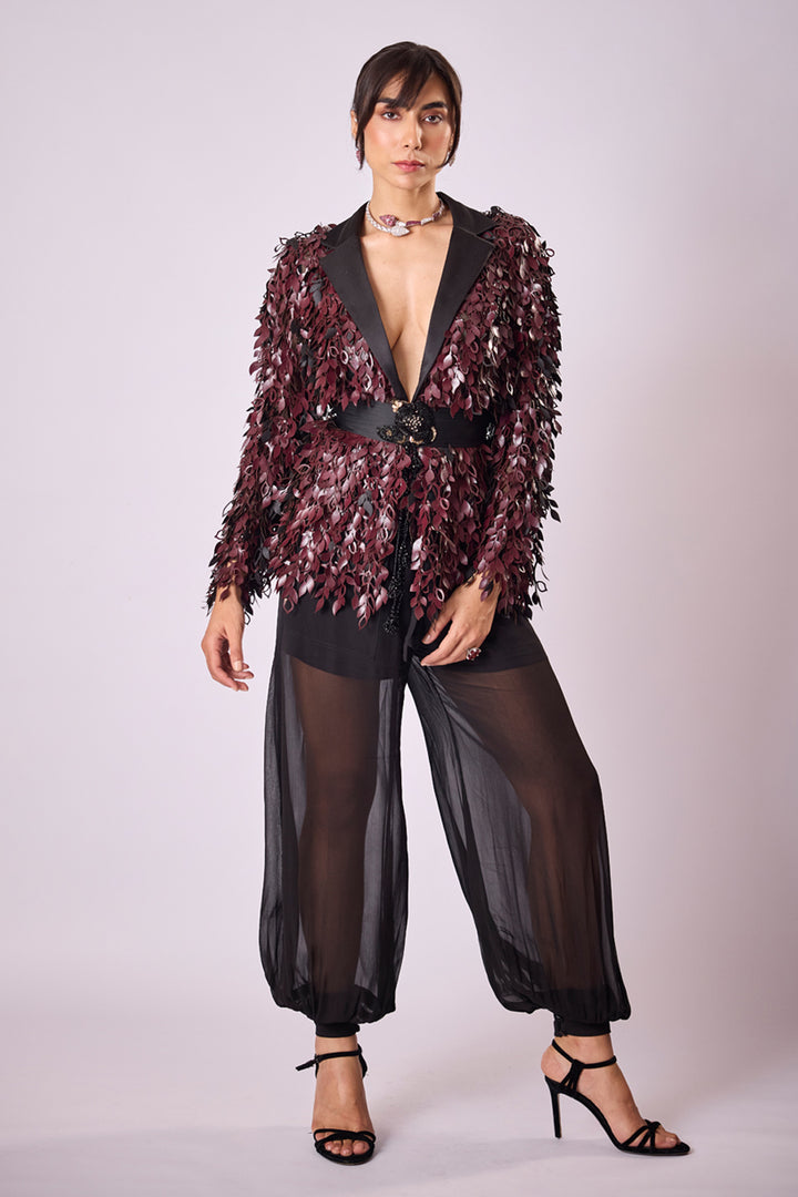 Black And Wine Laser Cut Jacket Set