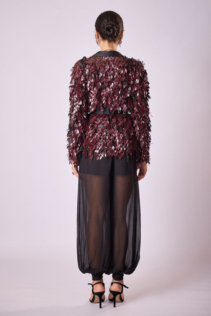 Black And Wine Laser Cut Jacket Set