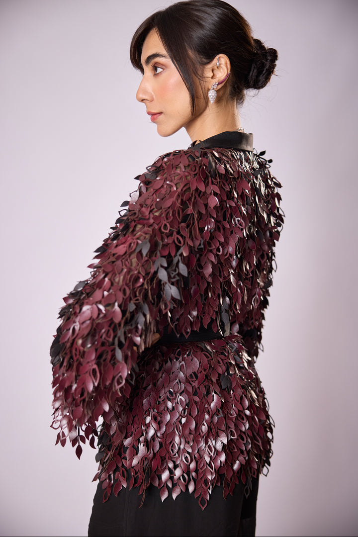 Black And Wine Laser Cut Jacket Set