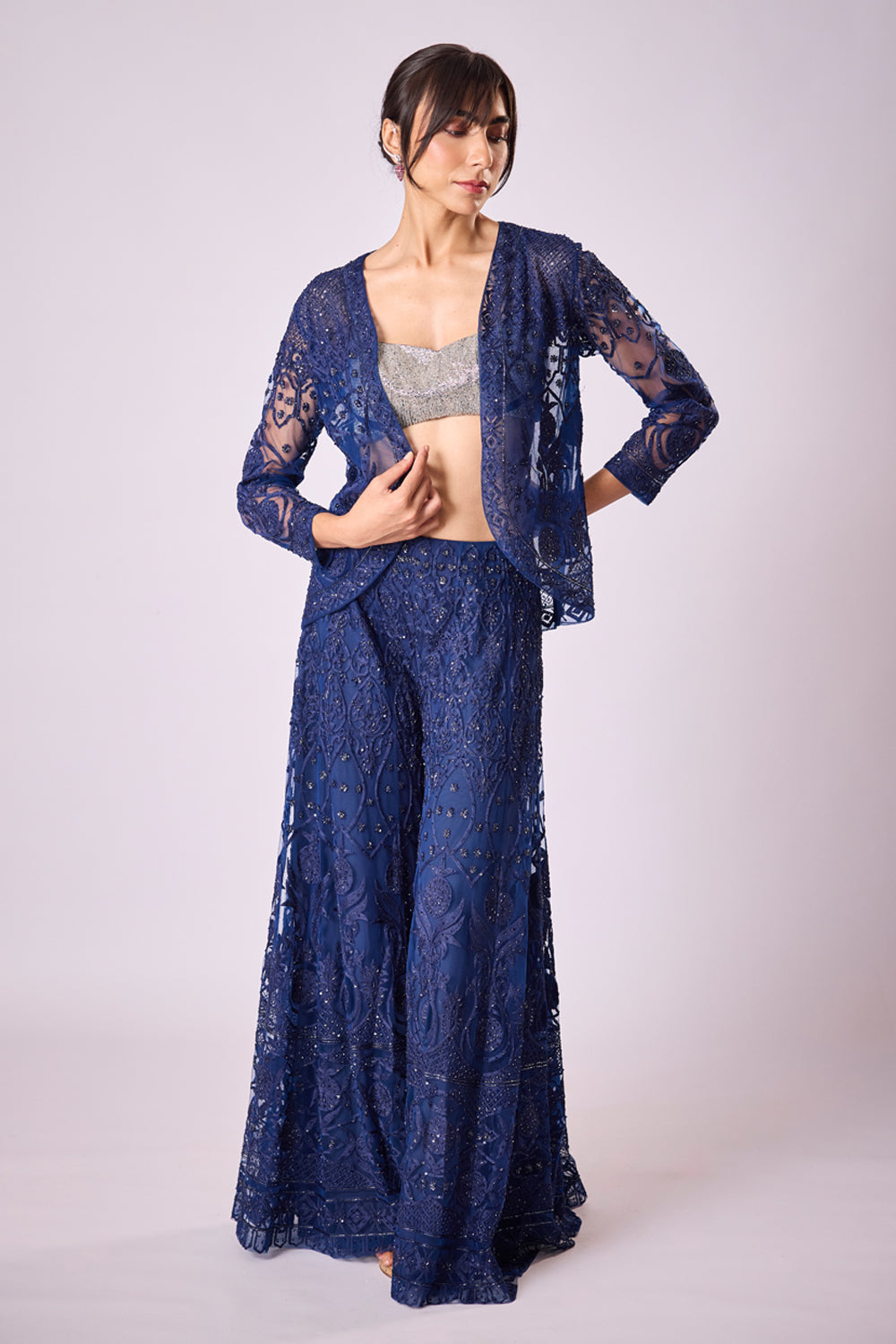 Navy Blue Threadwork Sharara Set