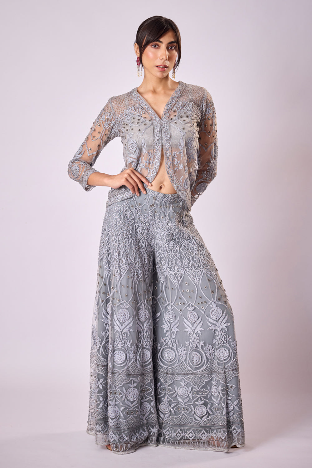 Grey Satin Pant Sari With Hand Embroidered Tulle Inlays