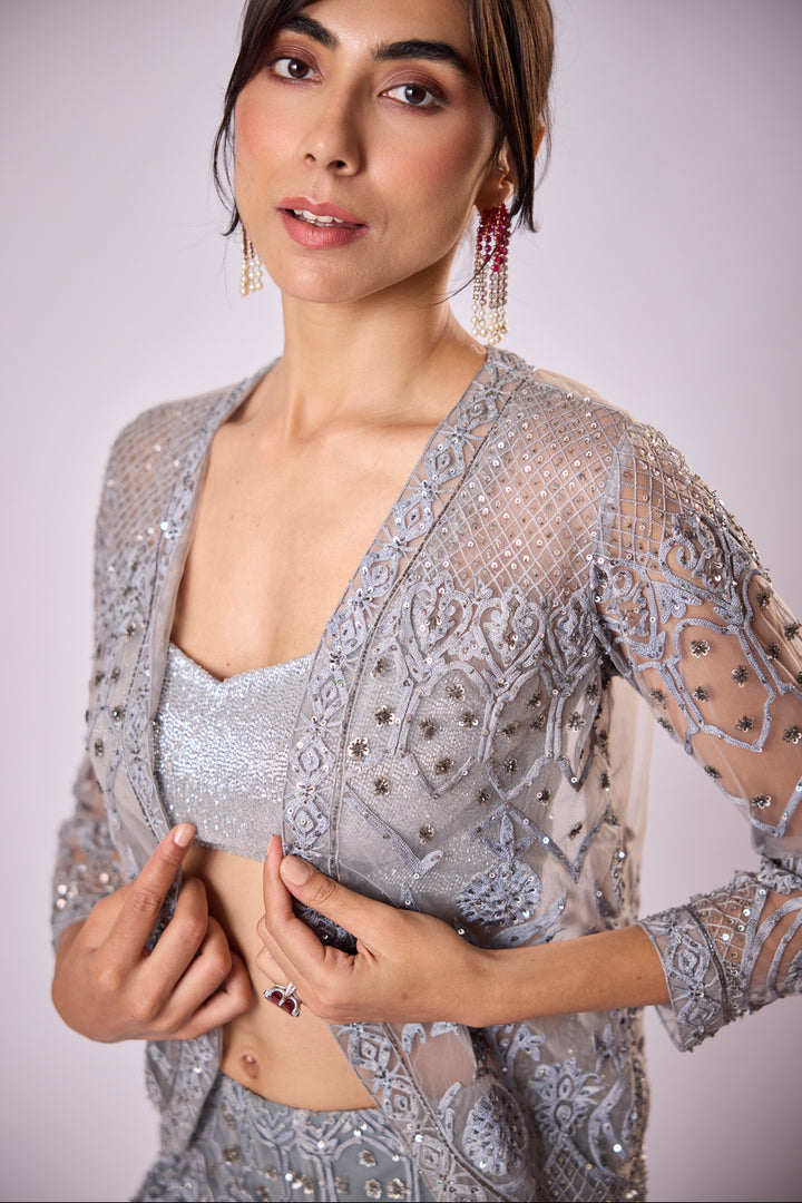 Grey Satin Pant Sari With Hand Embroidered Tulle Inlays