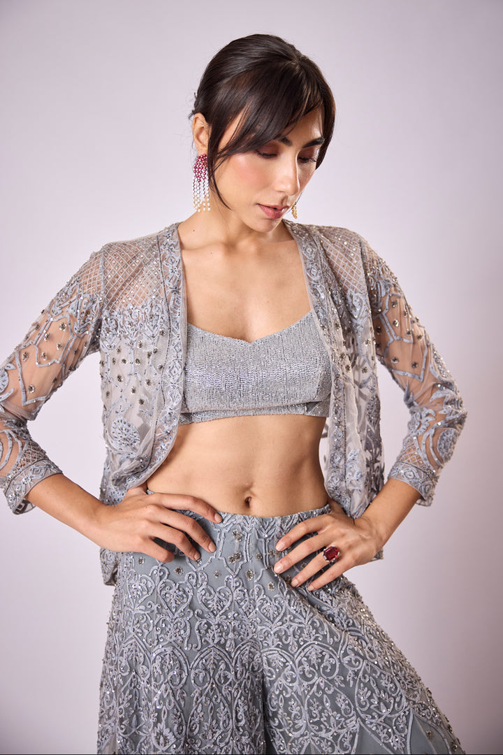 Grey Satin Pant Sari With Hand Embroidered Tulle Inlays