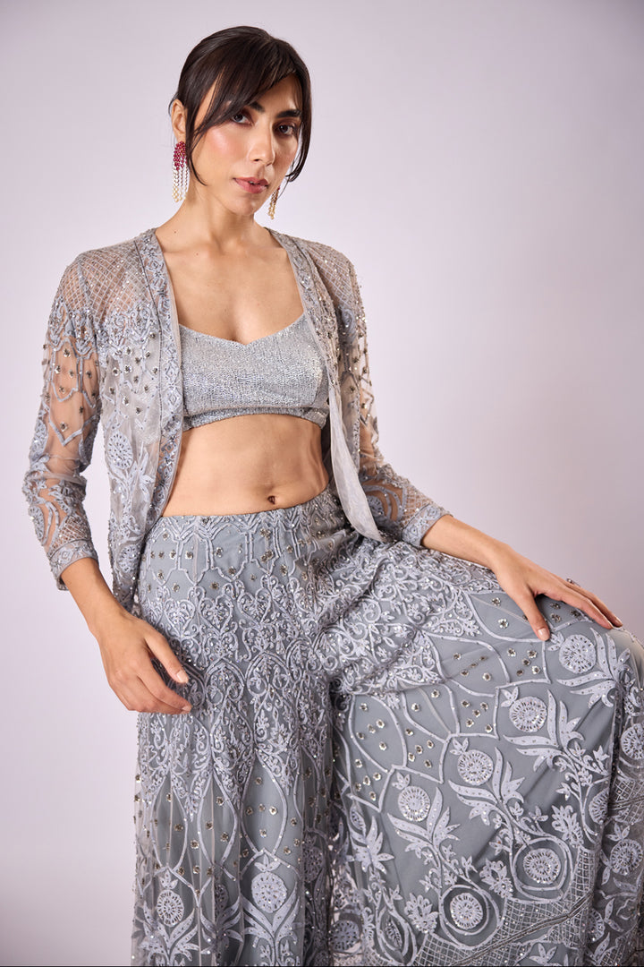 Grey Satin Pant Sari With Hand Embroidered Tulle Inlays