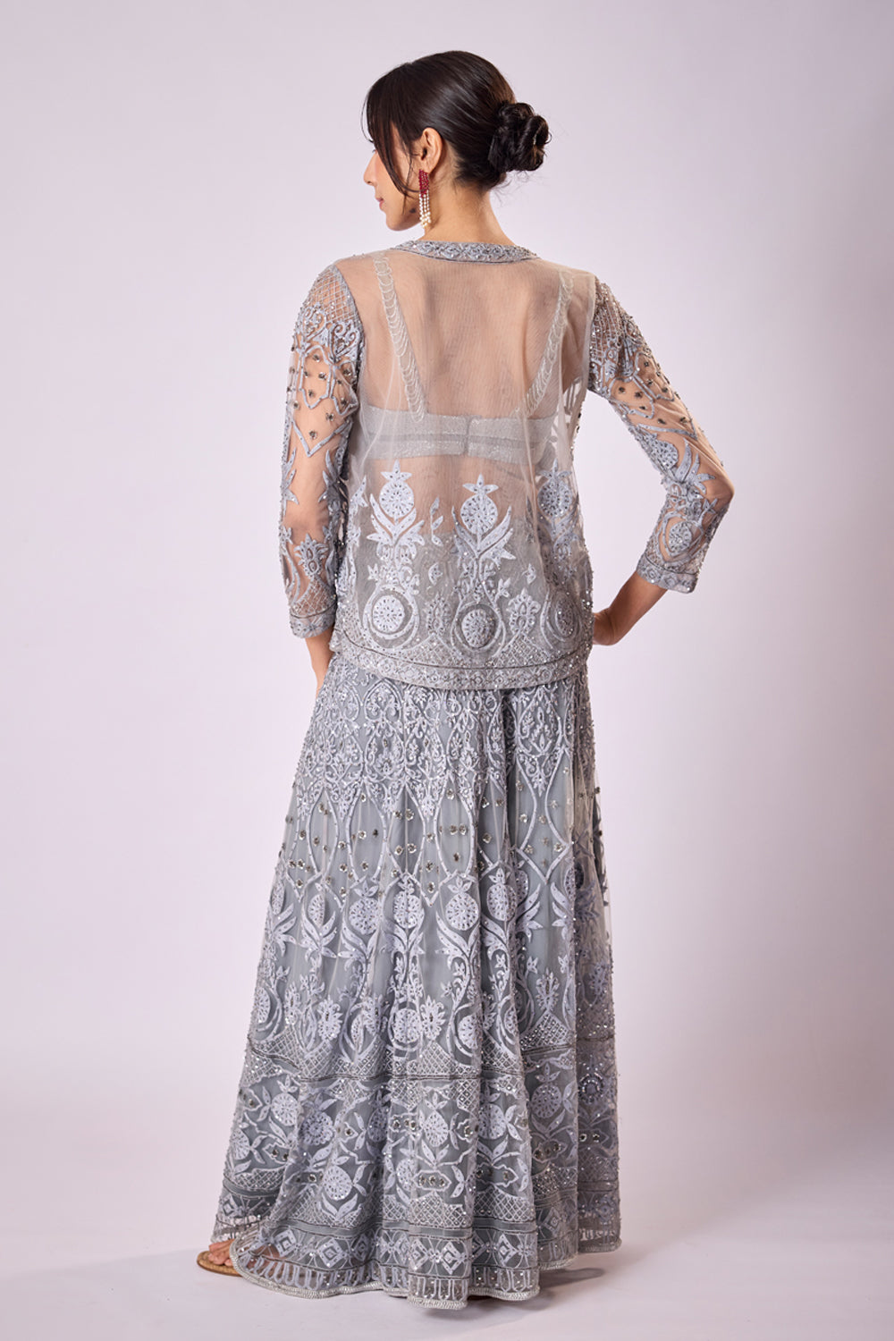Grey Satin Pant Sari With Hand Embroidered Tulle Inlays