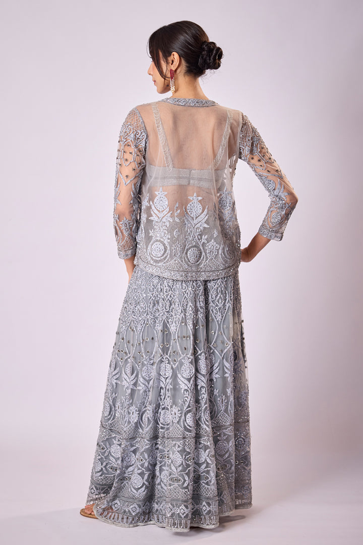 Grey Satin Pant Sari With Hand Embroidered Tulle Inlays