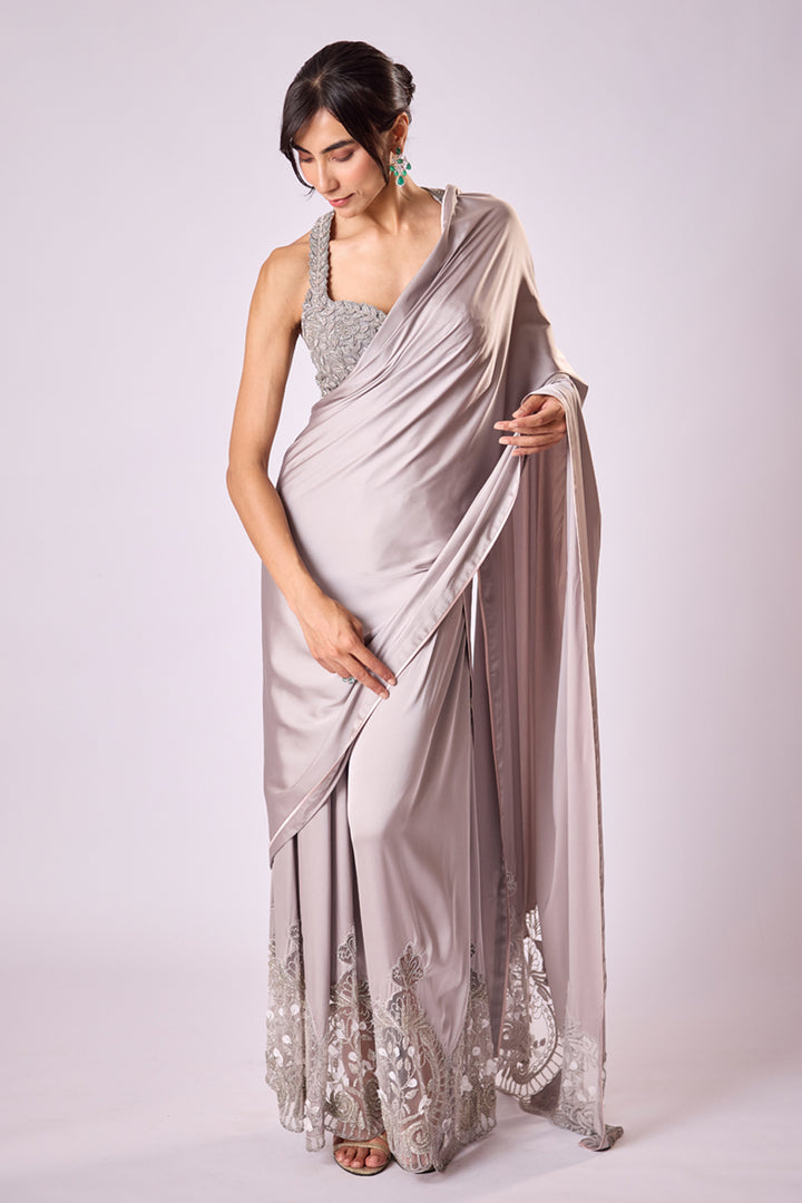 Grey Satin Pant Sari With Hand Embroidered Tulle Inlays