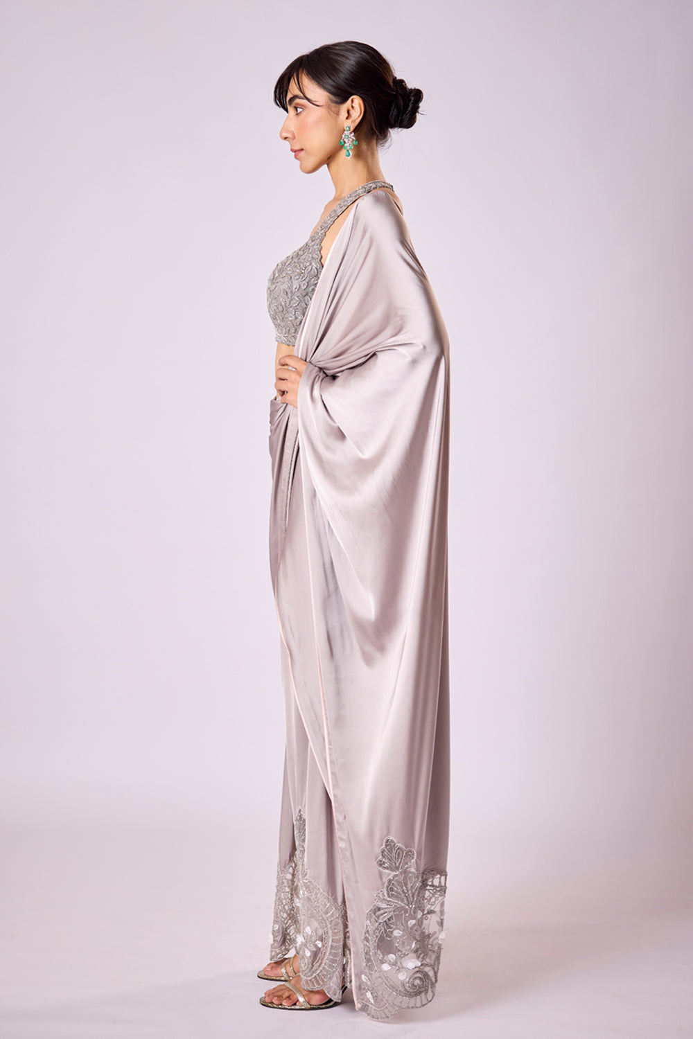 Grey Satin Pant Sari With Hand Embroidered Tulle Inlays
