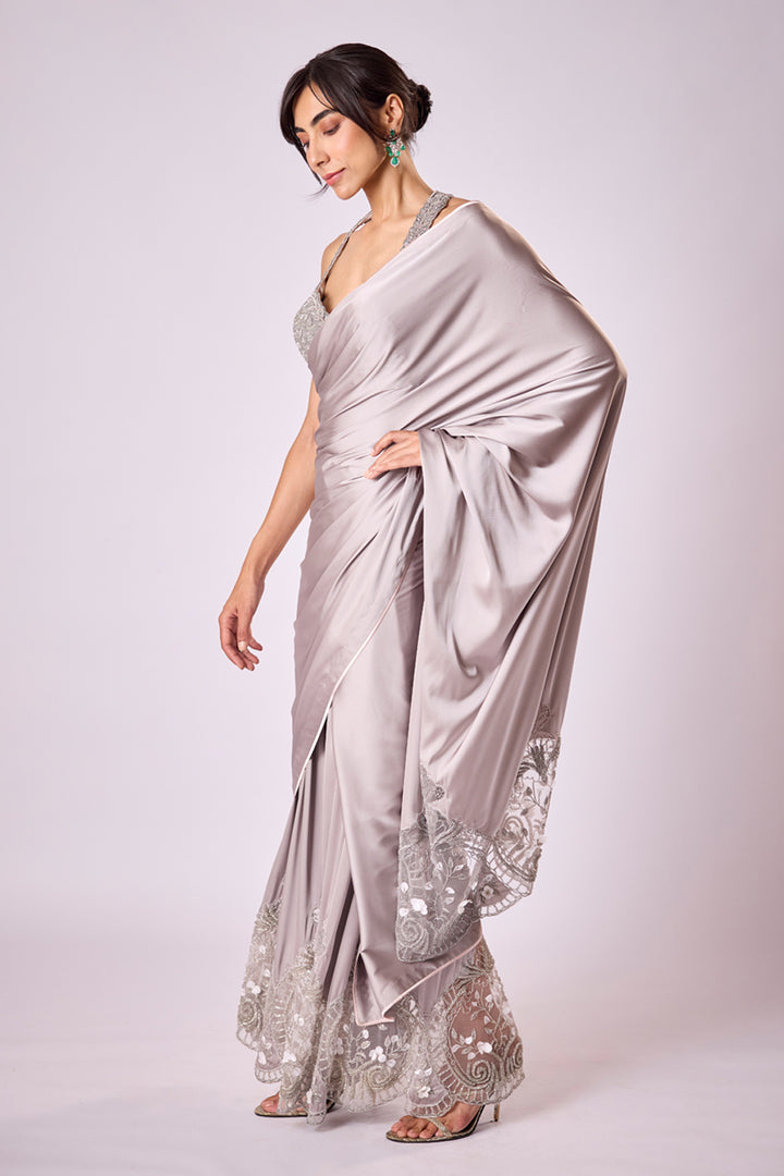 Grey Satin Pant Sari With Hand Embroidered Tulle Inlays