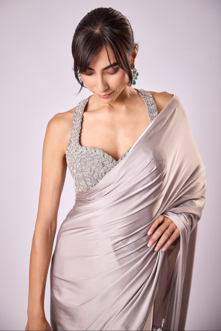 Grey Satin Pant Sari With Hand Embroidered Tulle Inlays