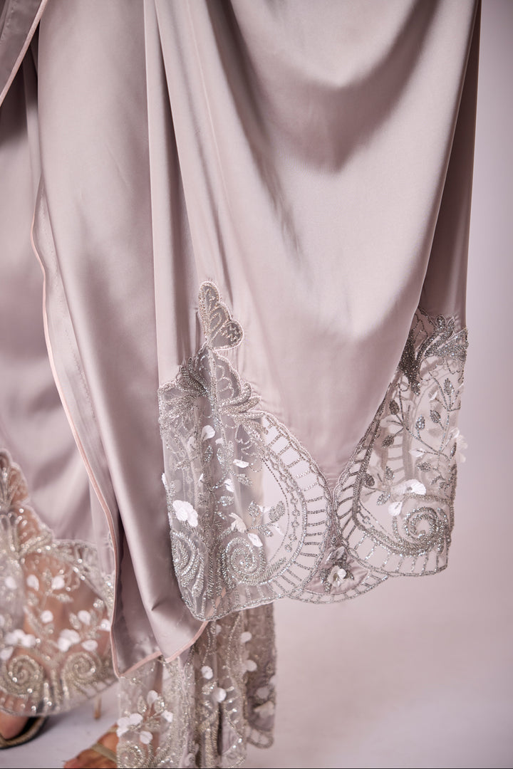 Grey Satin Pant Sari With Hand Embroidered Tulle Inlays