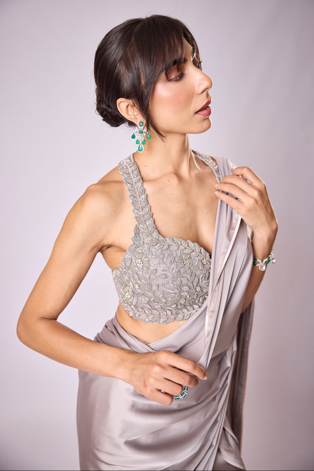 Grey Satin Pant Sari With Hand Embroidered Tulle Inlays
