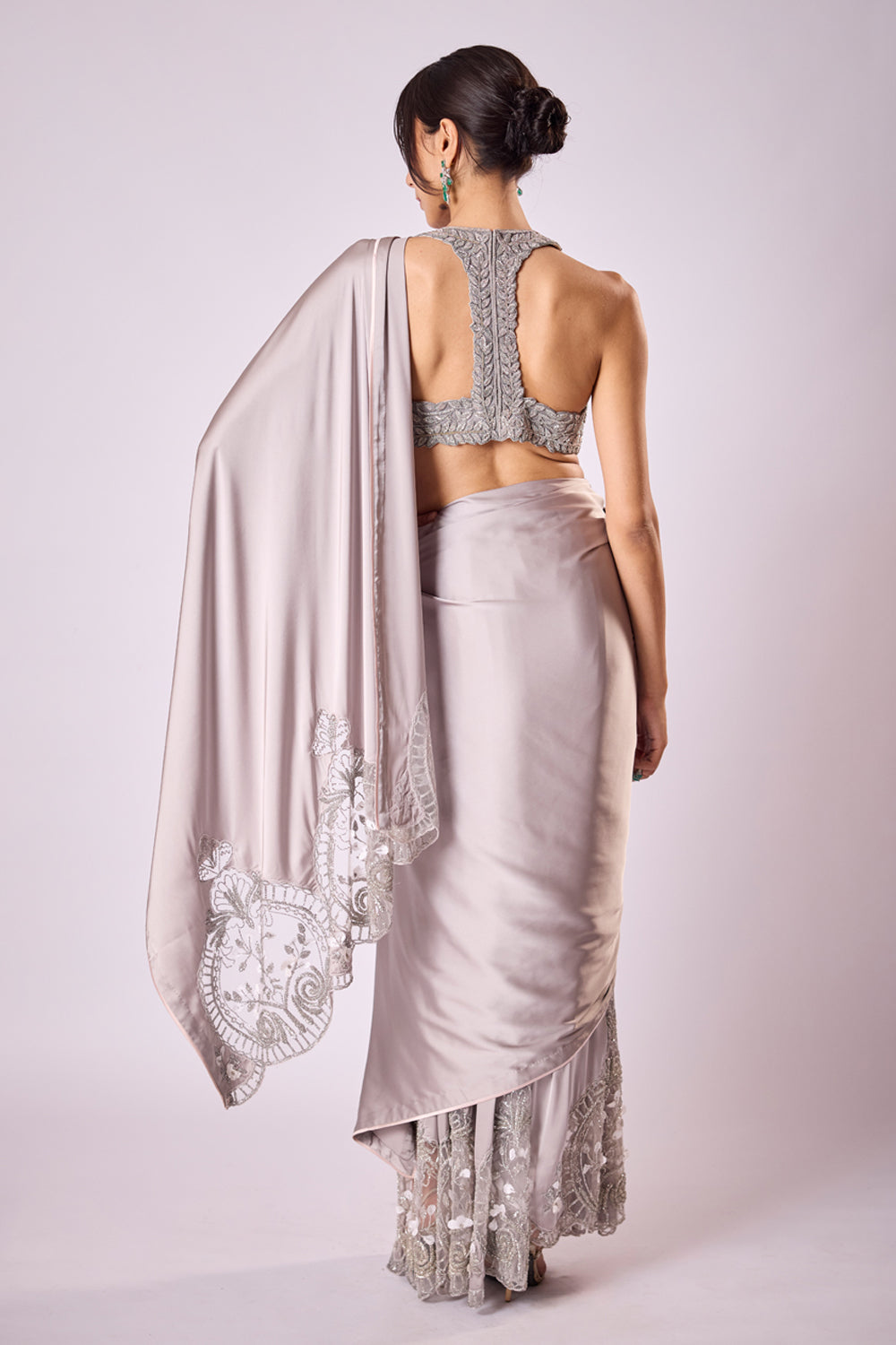 Grey Satin Pant Sari With Hand Embroidered Tulle Inlays