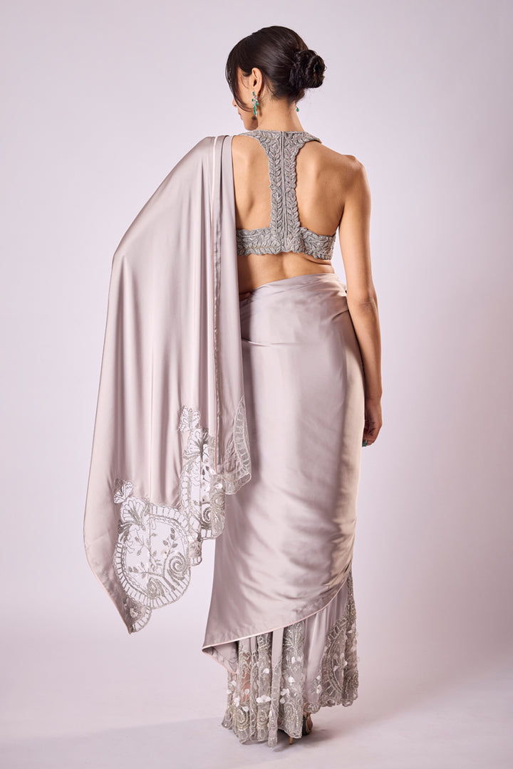 Grey Satin Pant Sari With Hand Embroidered Tulle Inlays